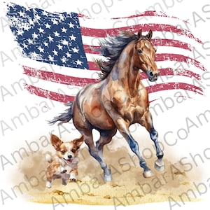 May include: A watercolor painting of a brown horse and a small white and brown dog running through a field. The horse is running towards the right side of the image, while the dog is running towards the left. The background is a faded American flag.