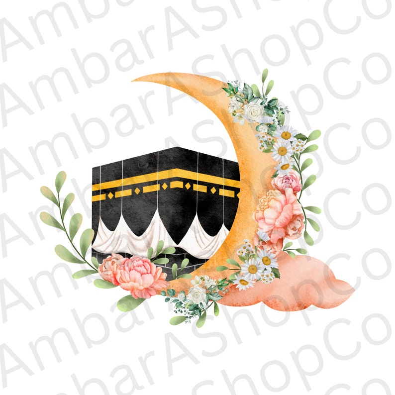 May include: A watercolor illustration of the Kaaba, a cube-shaped building in Mecca, Saudi Arabia, surrounded by a crescent moon and floral arrangements. The Kaaba is a sacred site in Islam and is visited by millions of pilgrims each year.