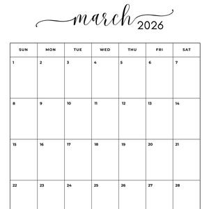 March 2026 Monthly Calendar: Minimalist Cursive Vertical Planner (Printable PDF, Digital Download, Sunday/Monday Start) | Portrait Letter