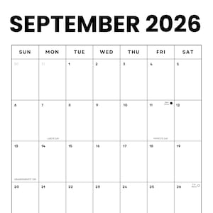 September 2026 Vertikaler Minimalistischer Kalender: US Feiertage & Mondphasen (druckbare PDF-Datei) | Sonntag + Montag Beginn | Sofortdownload | PNG
