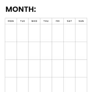 Undated Monthly Calendar Printable PDF | Minimalist Blank Perpetual ...