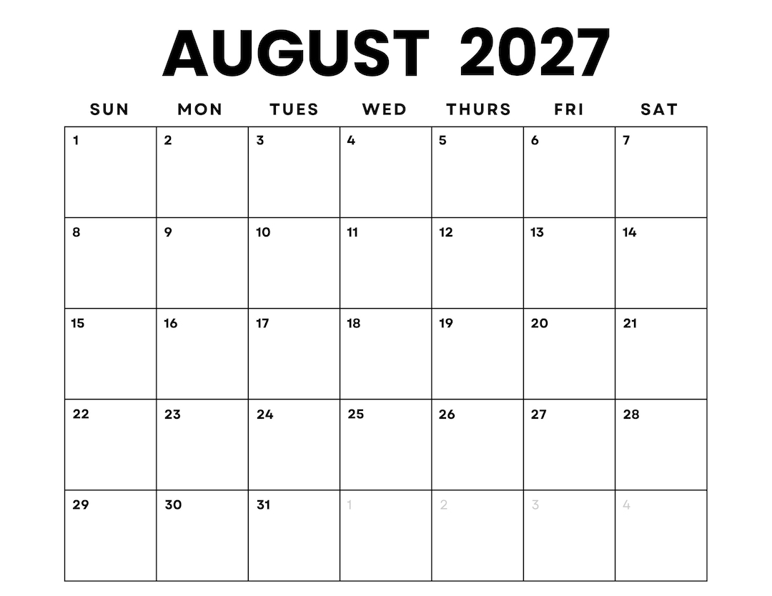 August 2027 Monthly Calendar Printable: Minimalist PDF (digital Download) -  Etsy Israel