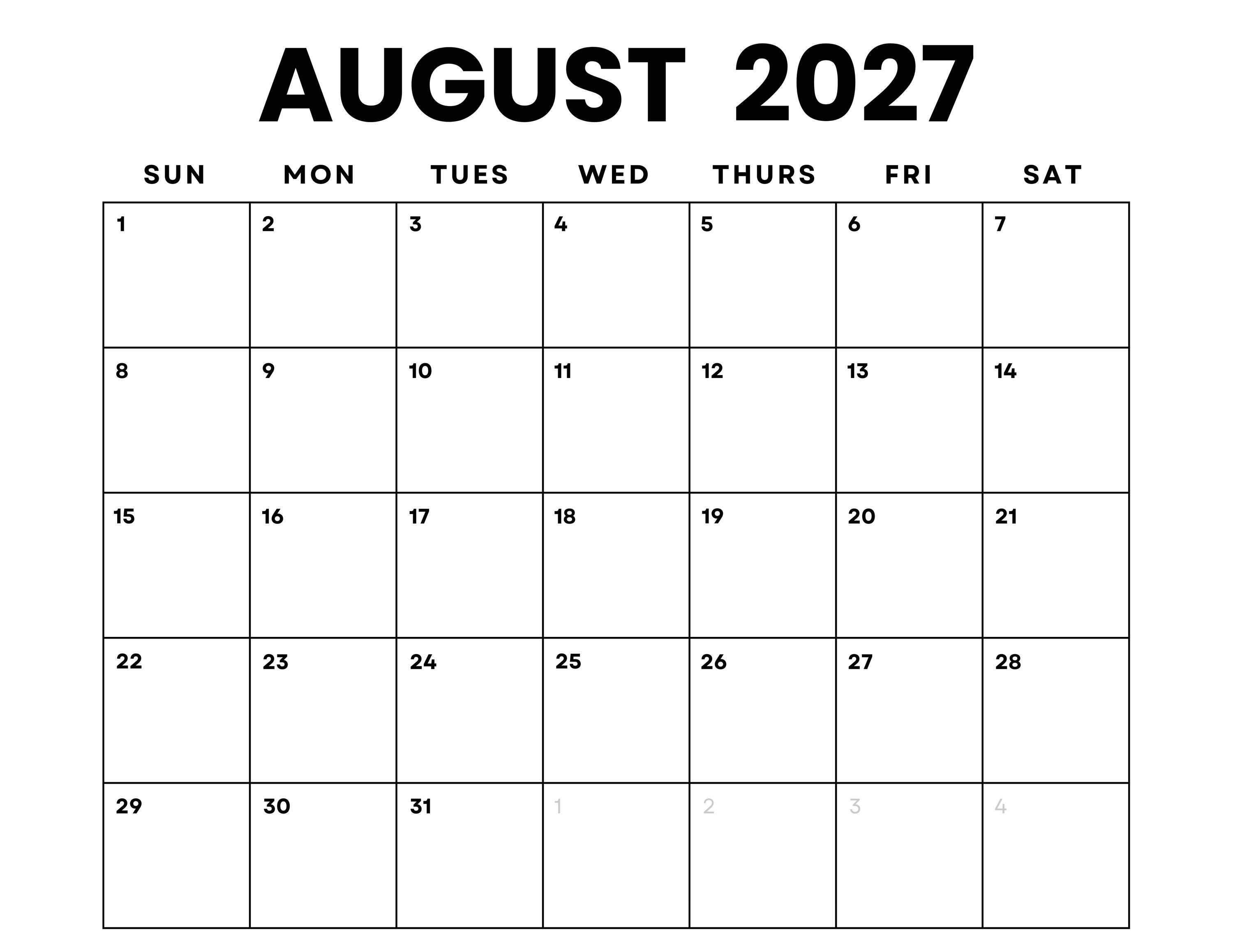 August 2027 Monthly Calendar Printable: Minimalist PDF (digital Download) -  Etsy Israel