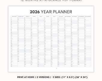 Minimalistische jaarkalender 2026: liggende planner (afdrukbare pdf, digitale download) | (11" x 8,5") (36" x 24"), jaarplanner