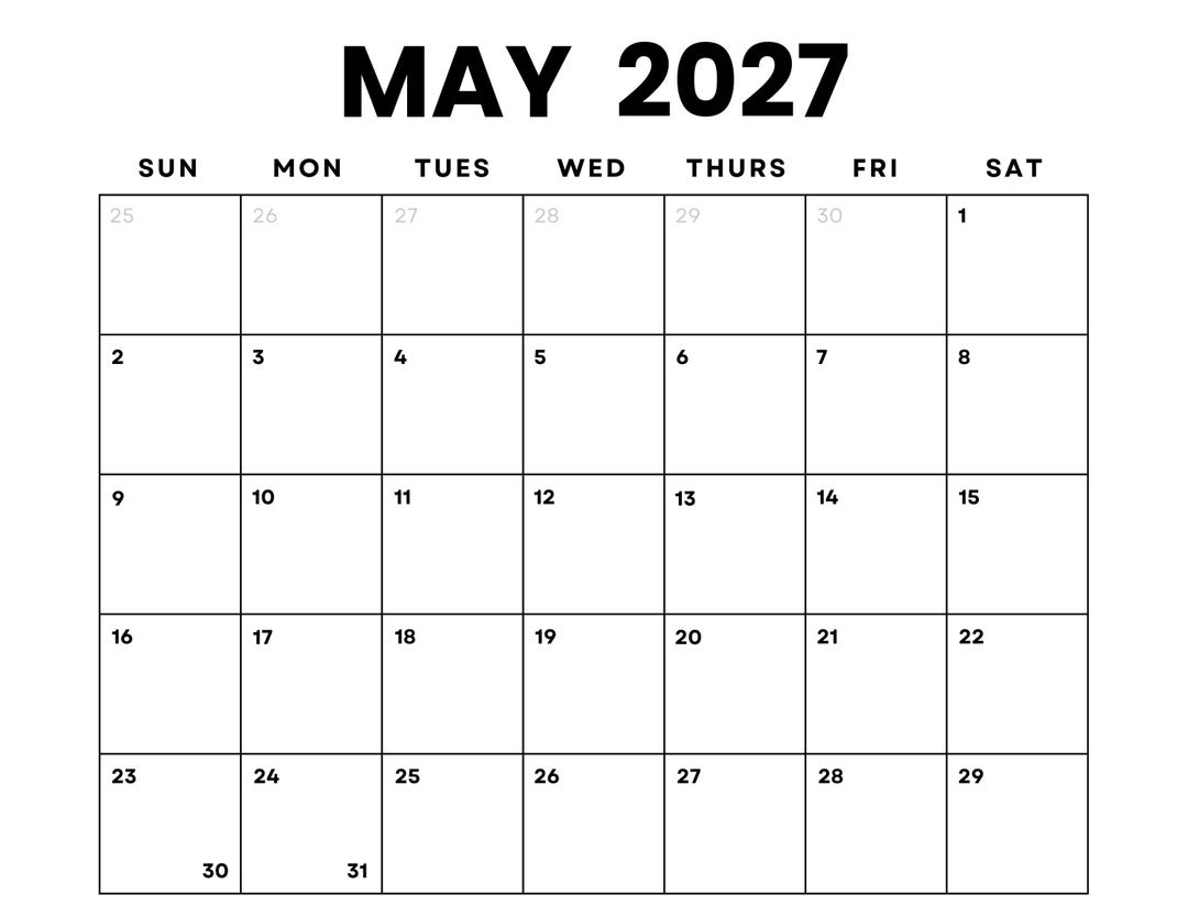 May 2027 Monthly Calendar Printable: Minimalist PDF (digital Download) -  Etsy Israel