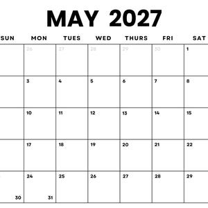 Peut inclure: Un calendrier minimaliste pour mai 2027. Le texte noir sur fond blanc affiche le mois et l'année en haut. Les jours de la semaine sont listés en haut, avec les dates disposées dans une grille.