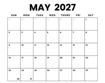 May 2027 Monthly Calendar Printable: Minimalist PDF (digital Download) - Etsy Israel