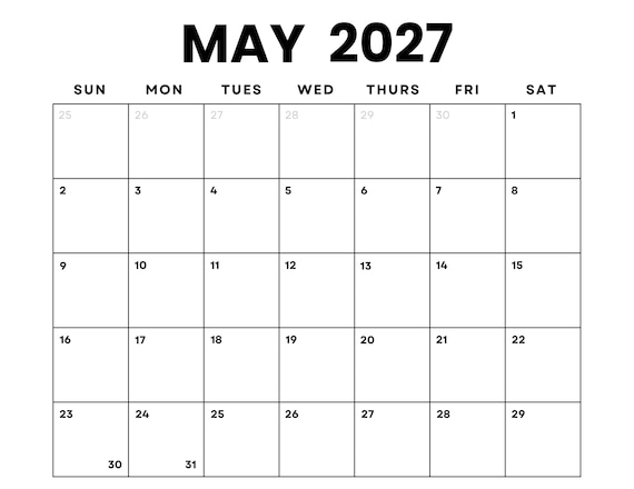 May 2027 Monthly Calendar Printable: Minimalist PDF (digital Download) -  Etsy Israel