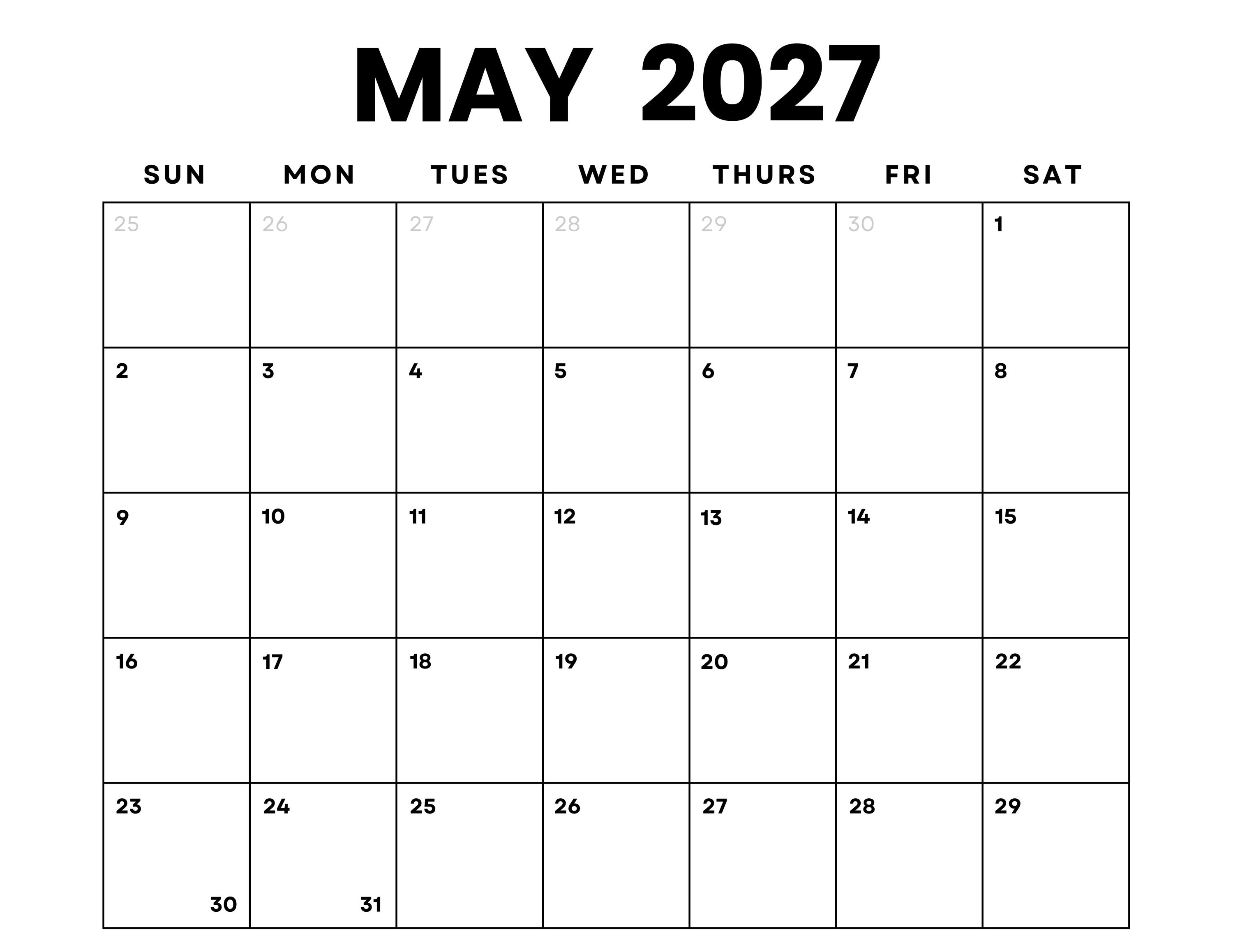 May 2027 Monthly Calendar Printable: Minimalist PDF (digital Download) -  Etsy Israel