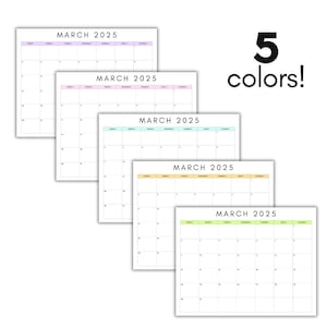 Datiert März 2025 Minimalistischer Monatskalender in 5 Farben - Druckbares PDF| Sofortiger digitaler Download | Vom Februar | Sonntag Start