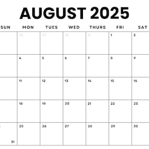 Dated August 2025 Minimalist Monthly Calendar Printable PDF| Instant Digital Download | Dated Monthly Planner 2025 | Sunday, Monday Start