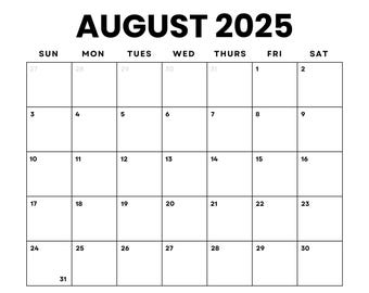 Dated August 2025 Minimalist Monthly Calendar Printable PDF| Instant Digital Download | Dated Monthly Planner 2025 | Sunday, Monday Start