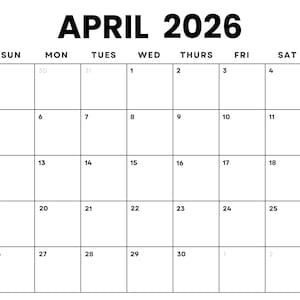 Dated April 2026 Minimalist Monthly Calendar Printable PDF| Instant Digital Download | Dated Monthly Planner 2026 | Sunday, Monday Start