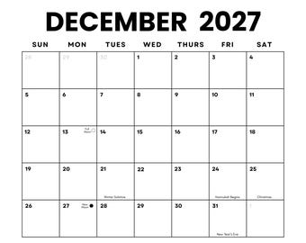 December 2027 Minimalist Calendar: US Holidays & Moon Phases (Printable PDF) | Sunday + Monday Start | Instant Download
