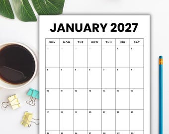 January 2027 Monthly Calendar: Minimalist Minimalist Vertical Planner (Printable PDF, Digital Download, Sunday/Monday Start) | 8.5 X 11"