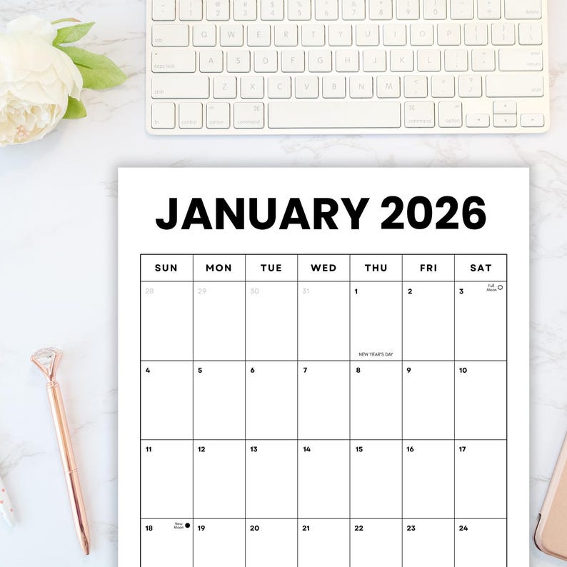 January 2026 Vertical Monthly Calendar W/holidays + Moons: Minimalist ...
