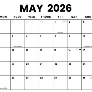 Pode incluir: Um calendário a preto e branco para maio de 2026. A grelha do calendário mostra os dias do mês, com feriados como o Cinco de Mayo, o Dia da Mãe e o Memorial Day. O mês e o ano estão em negrito, a preto, no topo.