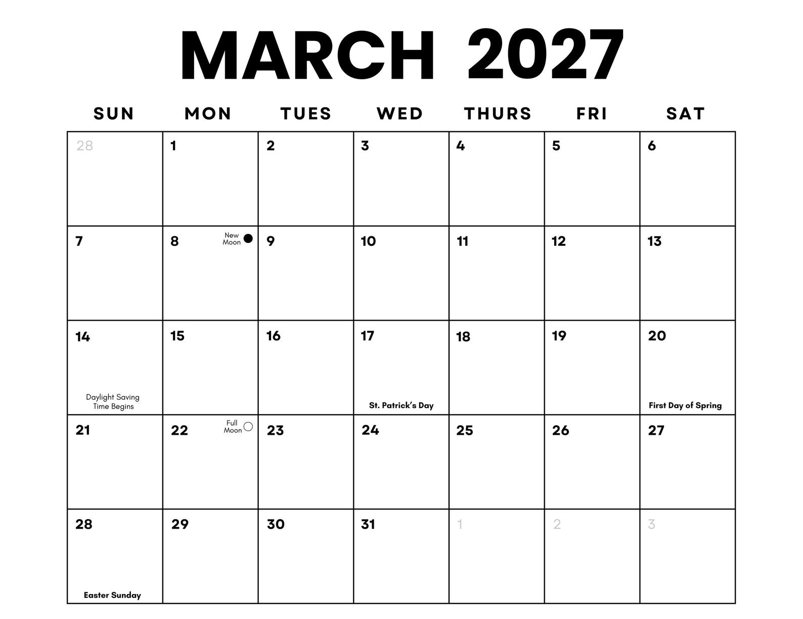 March 2027 Monthly Calendar W/holidays + Moons: Minimalist Landscape