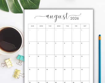 August 2026 Monthly Calendar: Minimalist Cursive Vertical Planner (Printable PDF, Digital Download, Sunday/Monday Start) | Portrait Letter