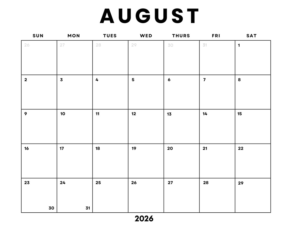 August 2026 Calendar Printable Minimalist Monthly Planner digital 