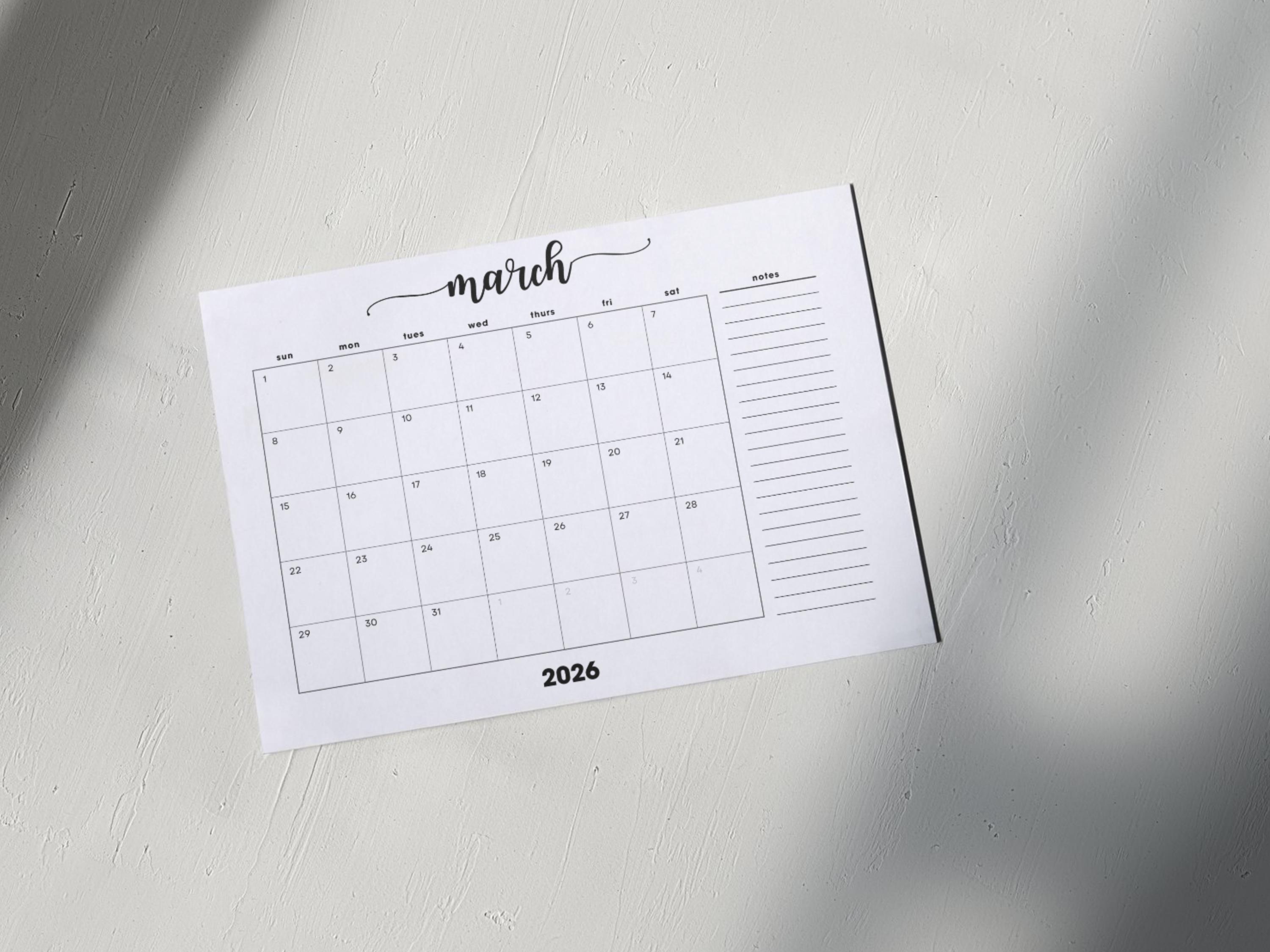 March Cursive Calander March 2026 Monthly Calendar With Notes: Minimalist Cursive Landscape ...