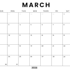 Dated March 2025 Minimalist Monthly Calendar Printable PDF| Instant Digital Download | Dated Monthly Planner 2025 | Sunday + Monday Start