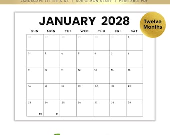 2028 Monthly Minimalist Calendar Printable (Sunday, Monday Start) (PDF Download)  | Landscape Letter | Print at Home
