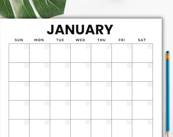 Blank Monthly Calendar | Jan-Dec Printable PDF | 12 Month Perpetual Planner (Digital Download)| Sunday + Monday Starts | Landscape 11" X 8.5