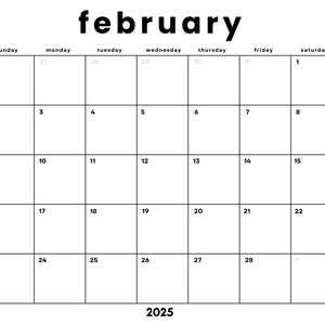 Datiert Februar 2025 Minimalistischer Monatskalender PDF zum ausdrucken| Sofortiger digitaler Download | Vom Februar | Sonntag + Montag Beginn
