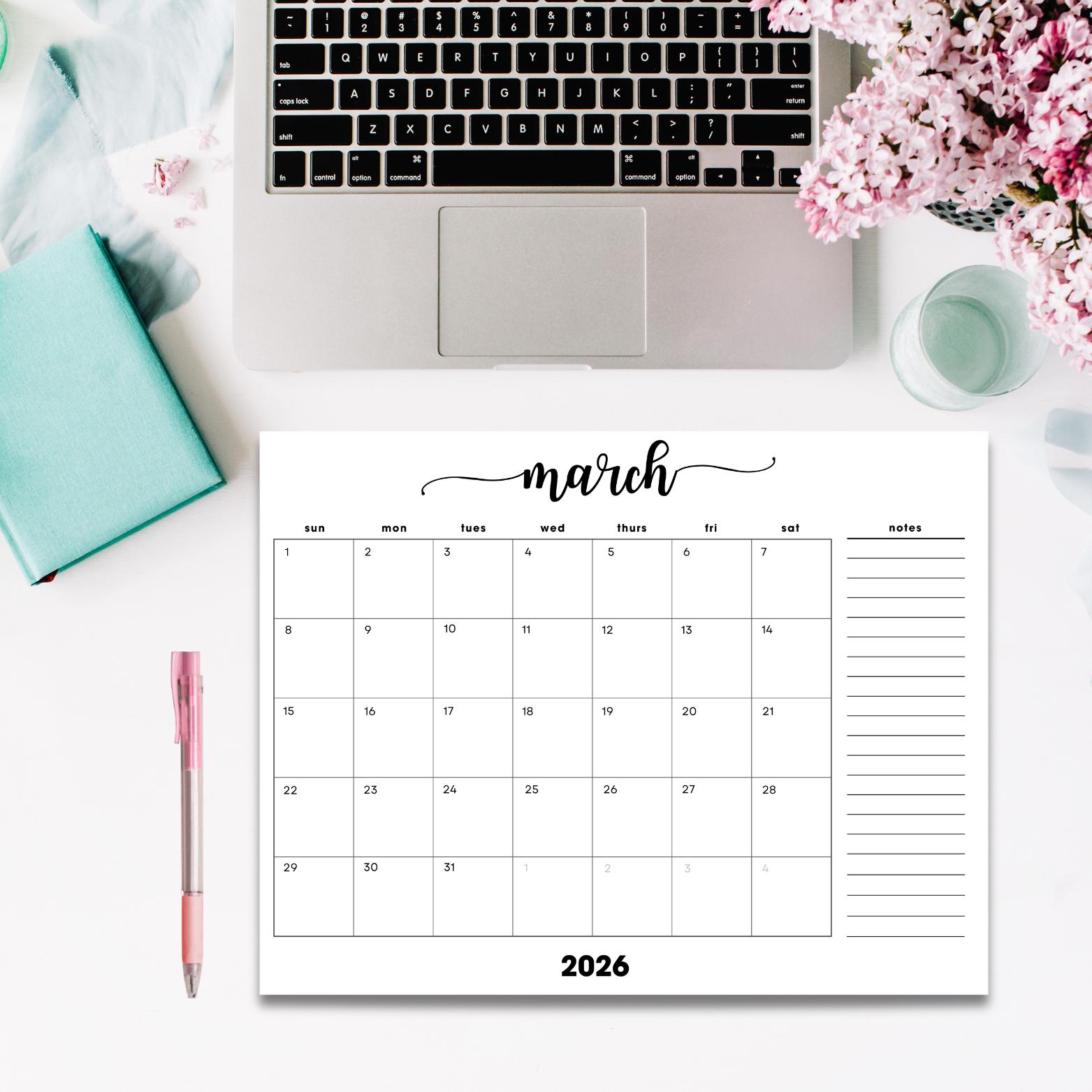 March Cursive Calander March 2026 Monthly Calendar With Notes: Minimalist Cursive Landscape ...