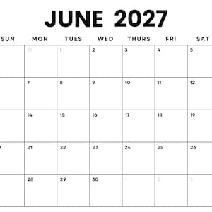 Può includere: Un calendario in bianco e nero per giugno 2027. Il calendario ha i giorni della settimana etichettati in alto e i numeri da 1 a 30 elencati in righe.