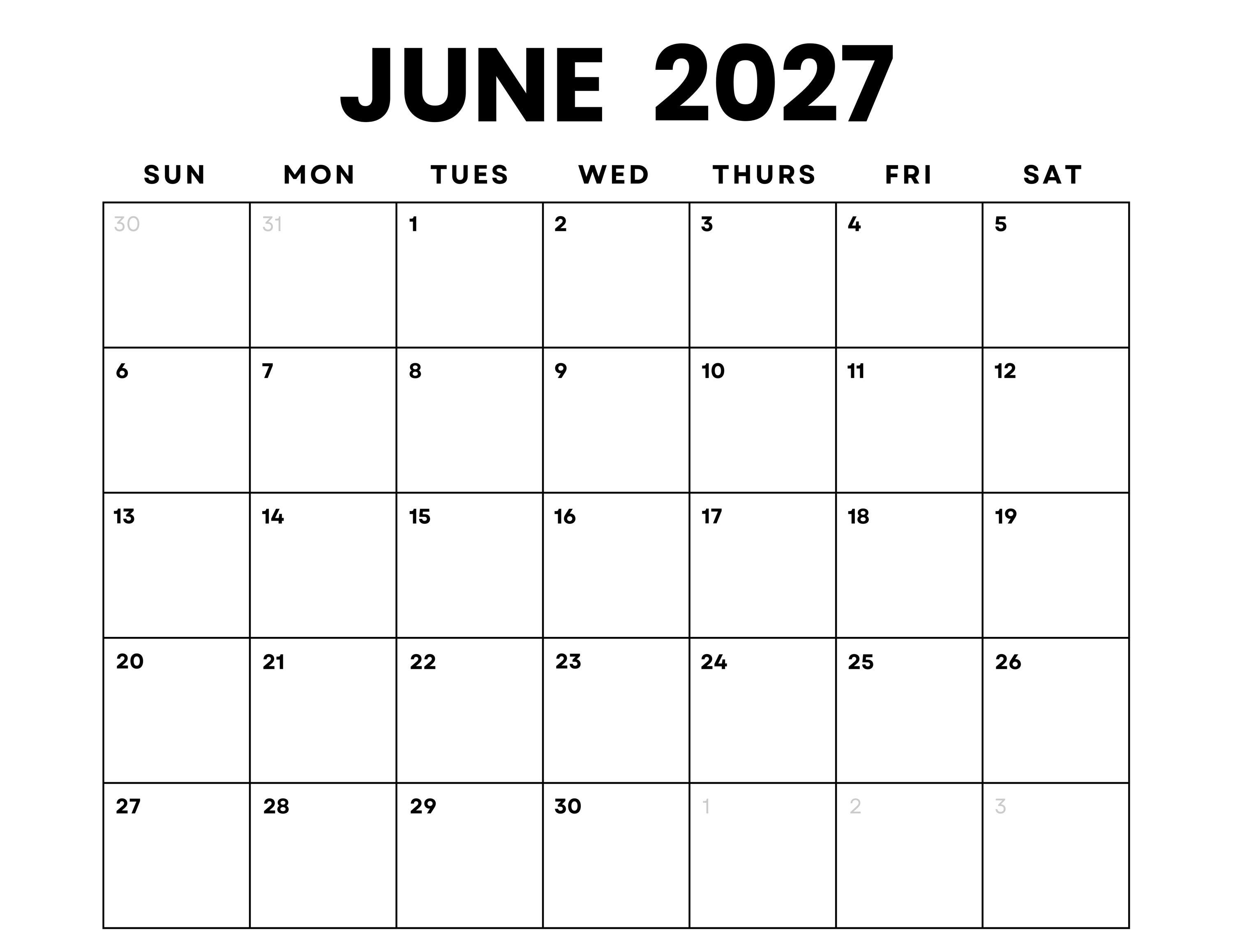 June 2027 Monthly Calendar Printable: Minimalist PDF Planner (digital  Download) - Etsy Israel