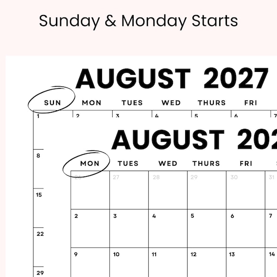 August 2027 Monthly Calendar Printable: Minimalist PDF (digital Download) -  Etsy Israel