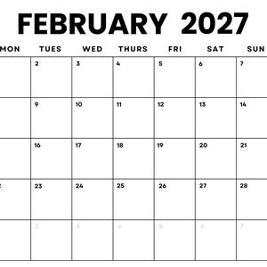 Februar 2027 Minimalistischer Kalender: Druckbare Monatsvorlage (PDF) Sonntag/Montag Beginnt