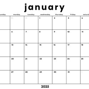 Dated January 2025 Minimalist Monthly Calendar Printable PDF| Instant Digital Download | Dated Monthly Calendar 2025 | Sunday Start
