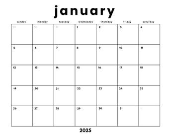 Dated January 2025 Minimalist Monthly Calendar Printable PDF| Instant Digital Download | Dated Monthly Calendar 2025 | Sunday Start