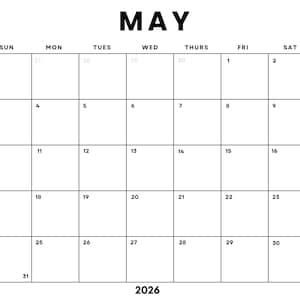 Peut inclure: Calendrier minimaliste en noir et blanc pour mai 2026. Le mot "MAI" est en haut, avec les jours de la semaine. Les dates sont affichées dans une grille, avec l'année "2026" en bas.