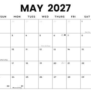 Könnte beinhalten: Ein Schwarz-Weiß-Kalender für Mai 2027. Das Kalendarium zeigt die Tage des Monats, wobei wichtige Daten wie Muttertag und Memorial Day hervorgehoben sind. Das Wort "MAI" und das Jahr "2027" stehen oben.