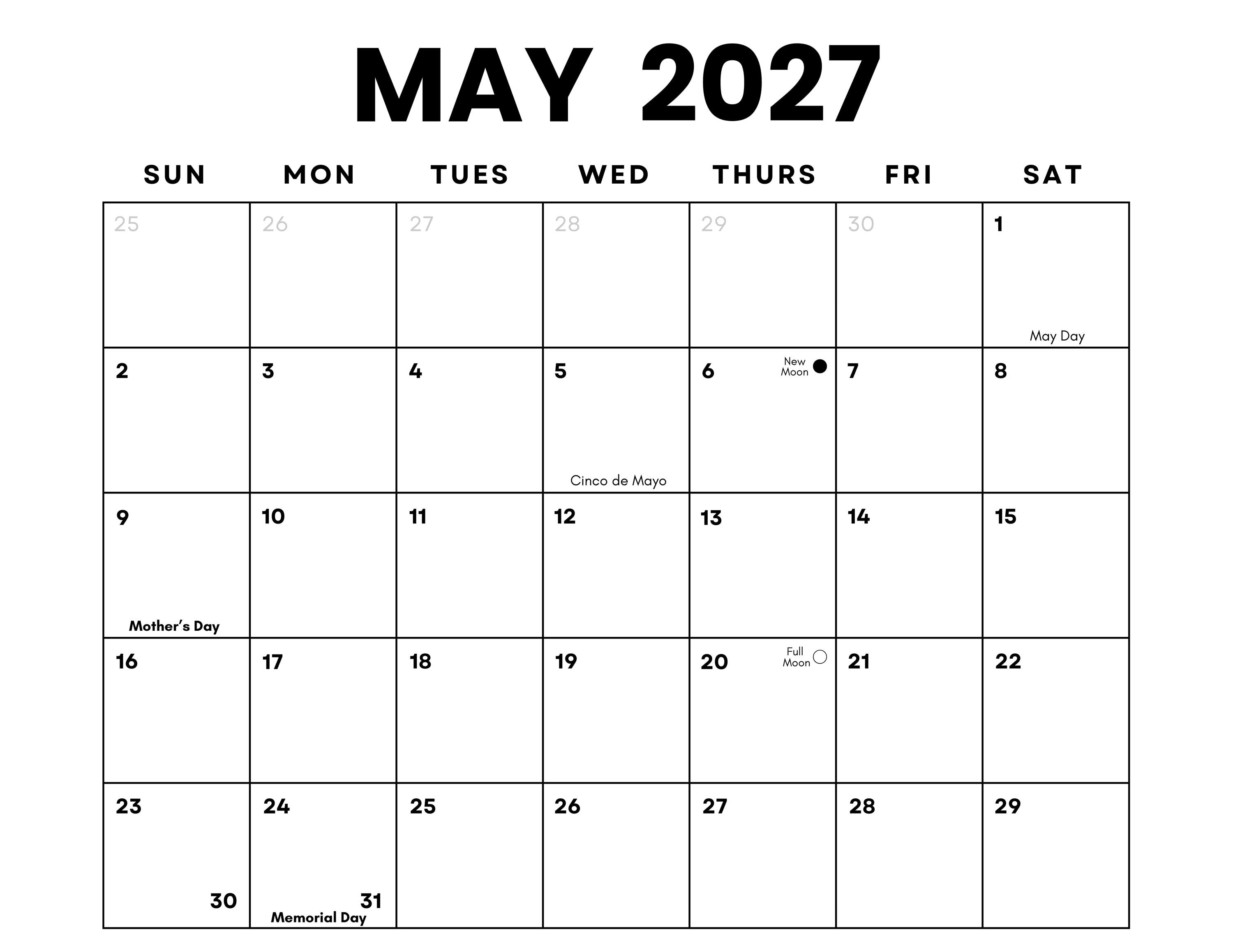 Buy May 2027 Minimalist Calendar: US Holidays & Moon Phases (printable PDF) | Sunday + Monday Start | Instant Download | Landscape Letter PDF Online in India - Etsy