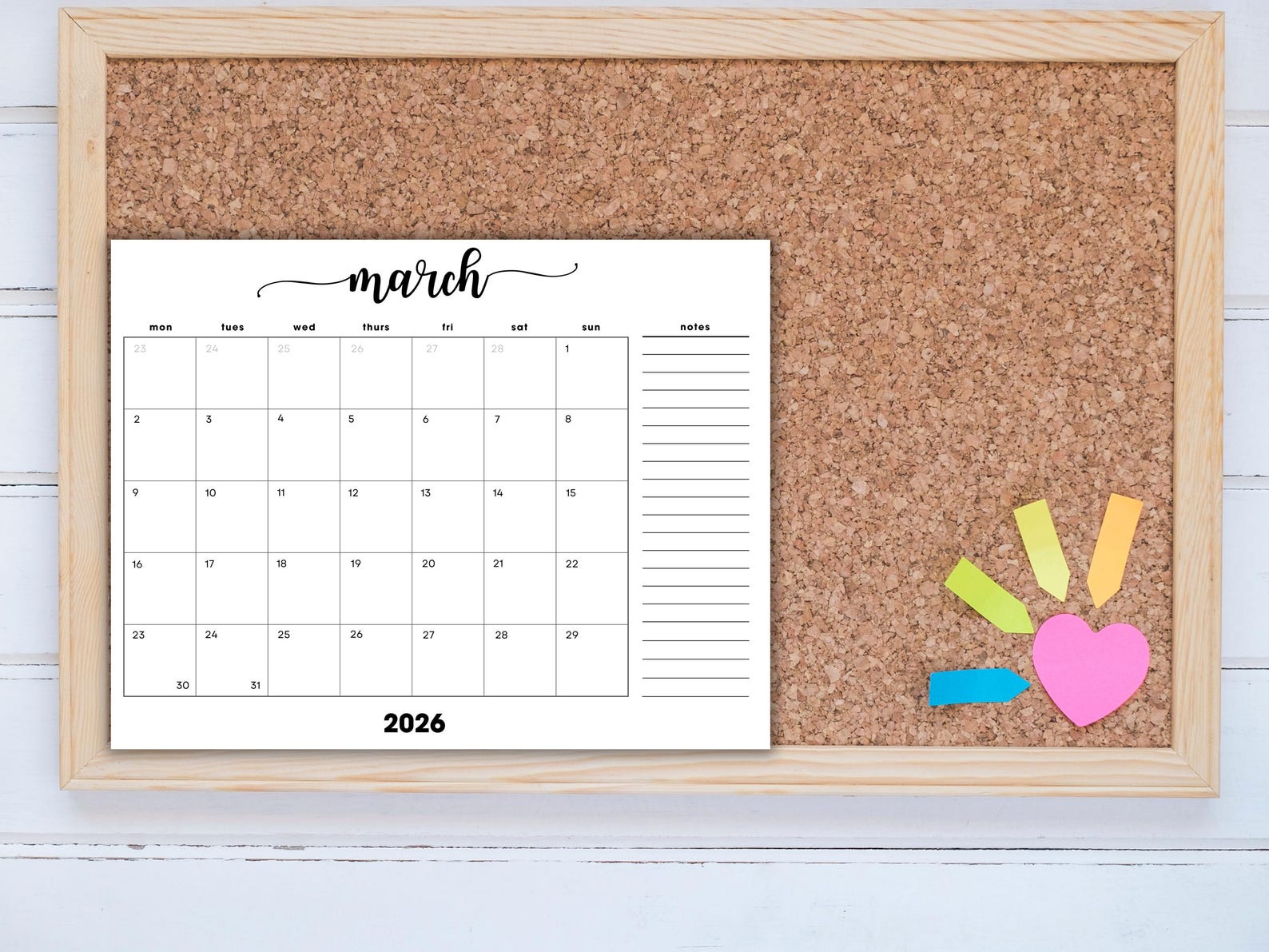 March Cursive Calander March 2026 Monthly Calendar With Notes: Minimalist Cursive Landscape ...