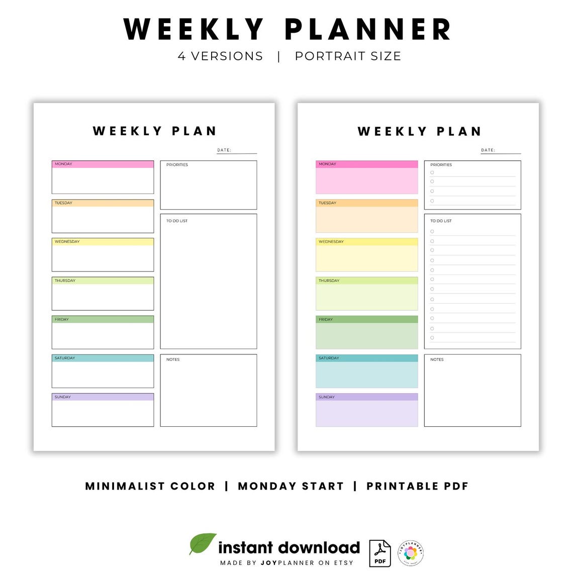 Minimalist Color Weekly Planner Printable PDF| Instant Digital Download ...