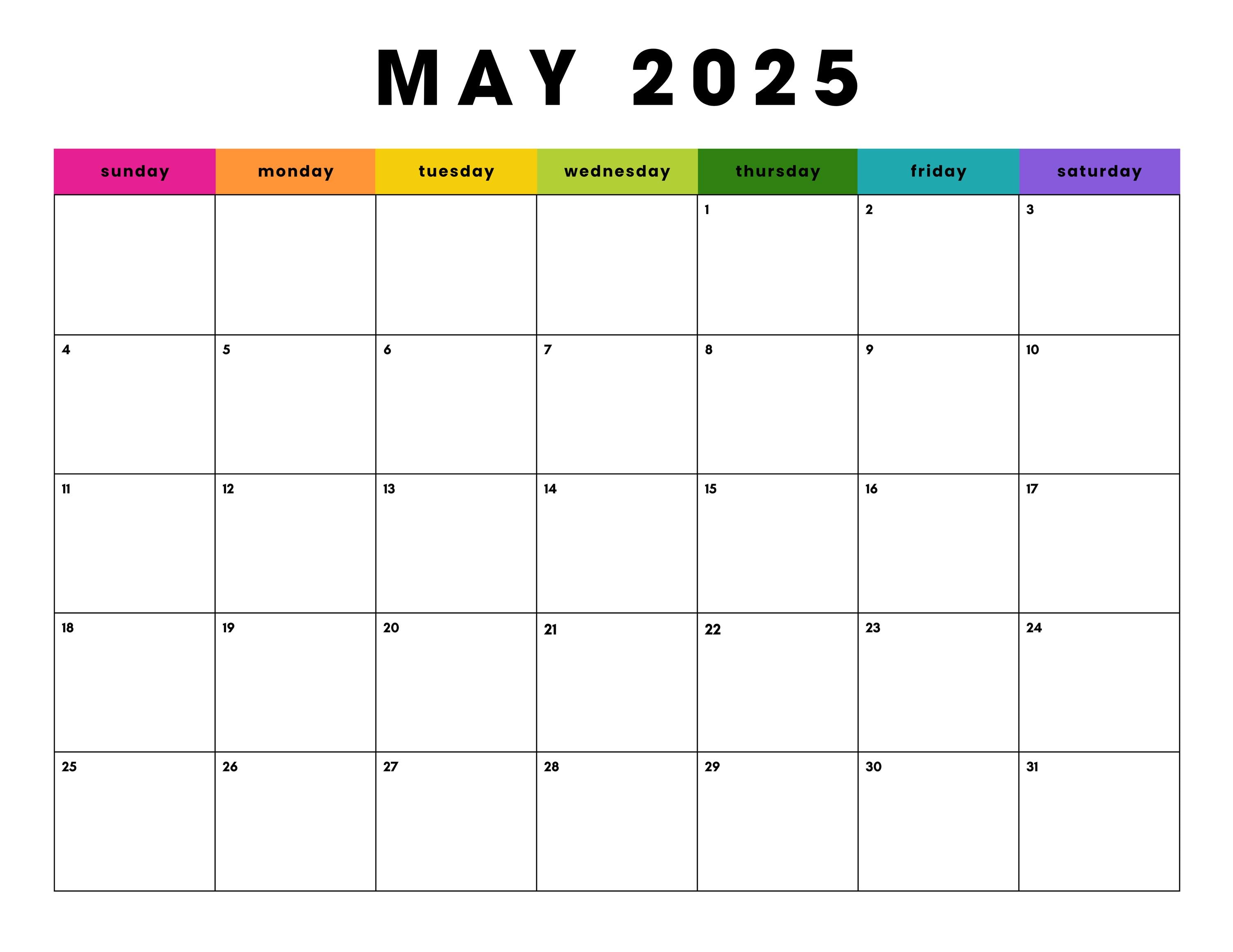 May 2025 Minimalist Colorblock {BRIGHTS} | Monthly Calendar Printable PDF| Instant Digital Download | Dated May Planner | Sunday Start