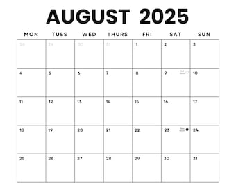 Dated August 2025 Minimalist Monthly Calendar w/Holidays & Moons | Landscape Ltr PDF| INSTANT DOWNLOAD | August Planner|Sunday, Monday Start