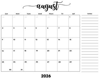 August 2026 Monthly Calendar with Notes: Minimalist Cursive Landscape (Printable PDF); Sunday + Monday Start, Monthly Planner PDF
