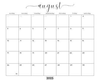 Dated August 2025 Minimalist Monthly Calendar Printable Letter PDF| INSTANT DOWNLOAD | August Digital Planner | Sunday + Monday Start