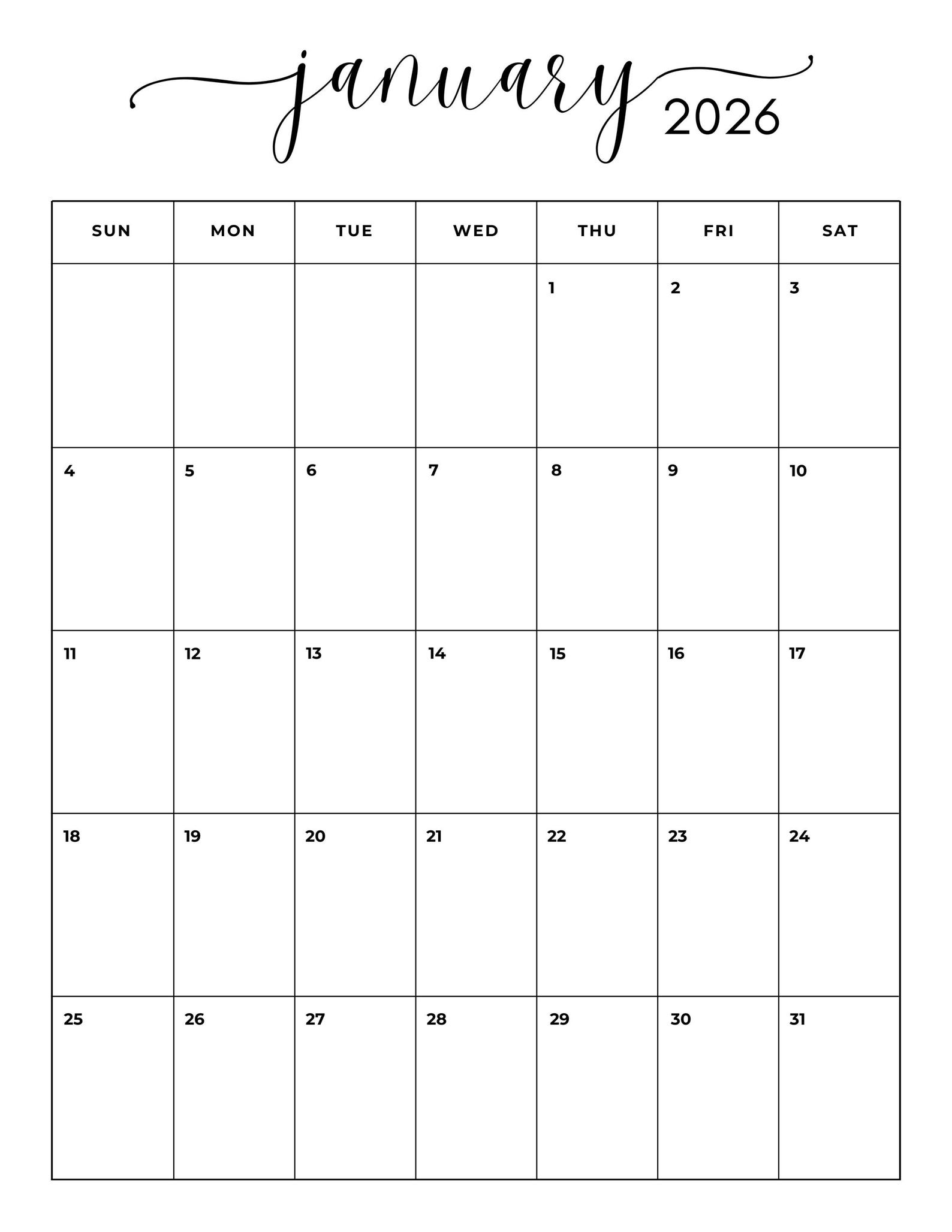 January 2026 Monthly Vertical Calendar: Minimalist Planner (printable ...
