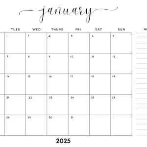 January 2025 Minimalist Monthly Calendar w/Notes Printable PDF| Instant Digital Download | Monday Start | January Planner | Printable