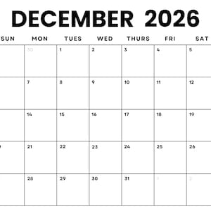 Può includere: Un calendario in bianco e nero per dicembre 2026. Il calendario ha i giorni della settimana etichettati in alto e i numeri da 1 a 31 elencati in righe.