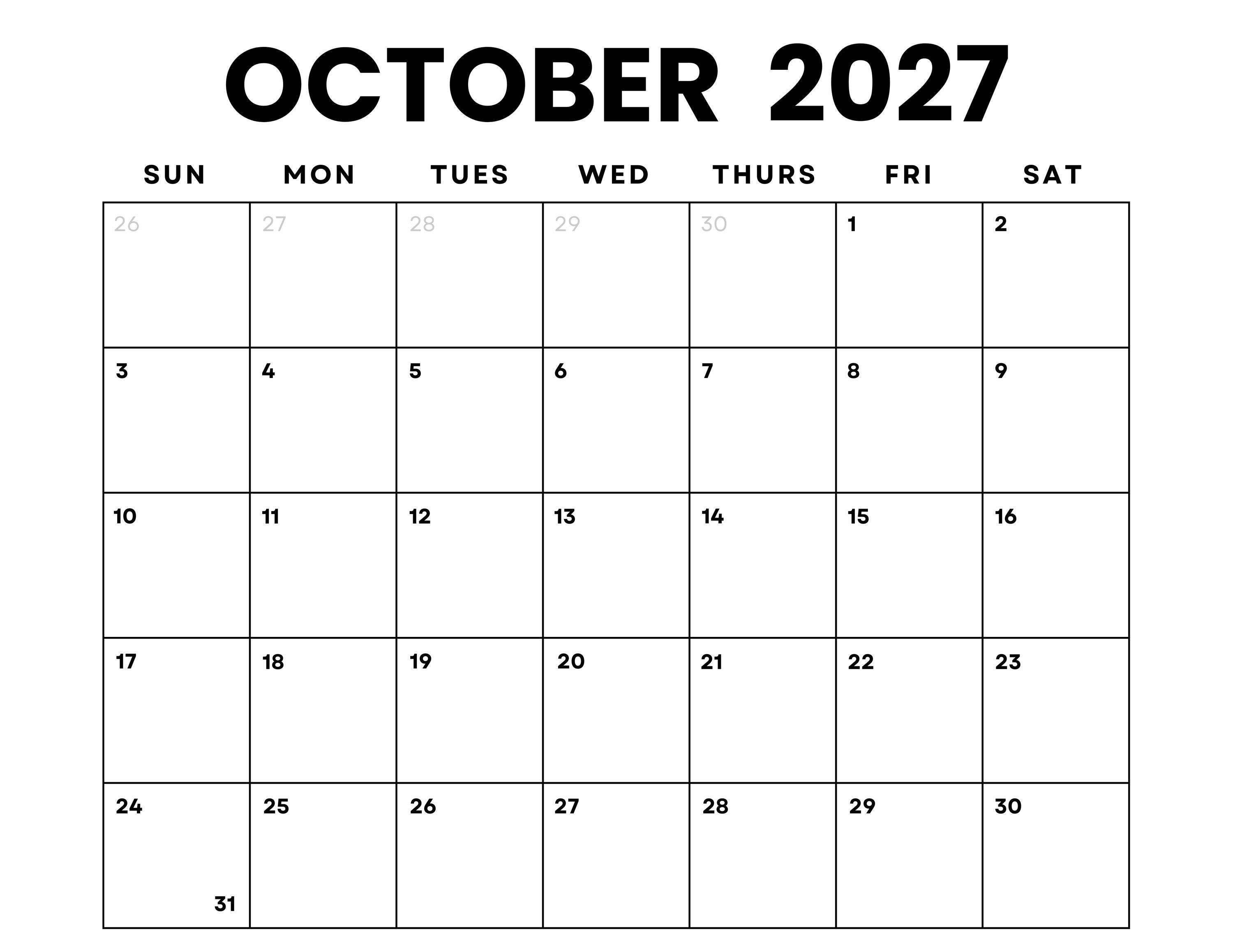 October 2027 Calendar Printable: Minimalist Monthly Planner (digital  Download) - Etsy Israel