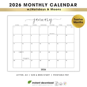 2026 Minimalist Cursive Calendar Printable: Monthly Planner w/US Holidays & Moons (PDF Download) Sun + Mon Start / Landscape Letter, A4